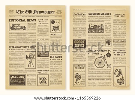 Yellowed realistic newspaper pages in vintage design with headers of different font vector illustration Royalty-Free Stock Photo #1165569226