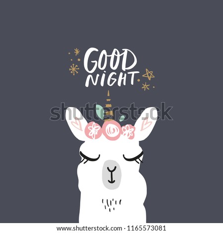 Vector cartoon cute hand drawn girl llama unicorn. Pastel nursery lettering card. It may be used for sticker, poster, postcard, badge, layout, greeting card, patch, wall art, phone case, t-shirt