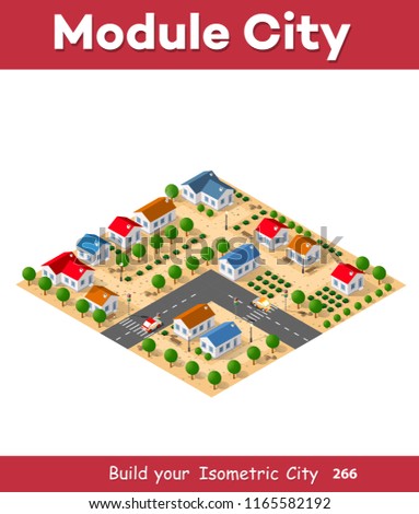 Isometric view of a farm town in the desert natural landscape