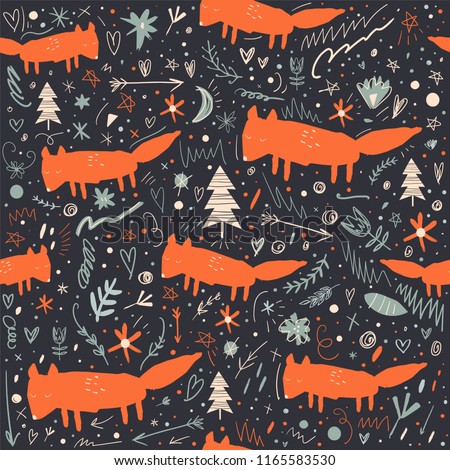 Vector cartoon cute little foxes woodland pattern. It may be used for greeting card, wall art, phone case, t-shirt and more