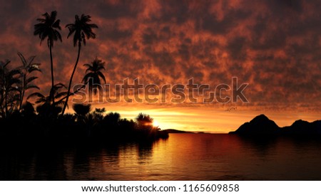 Palm trees and mountains at sunset in the ocean. Sunset with palms. Palm trees silhouette on orange sunset. Silhouette of a tropical island. Golden sunset at the resort. Royalty-Free Stock Photo #1165609858