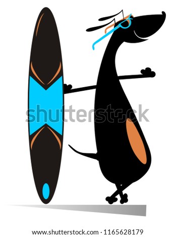 Cartoon dog a surfer illustration. Smiling dog surfer holds a surf board isolated on white

