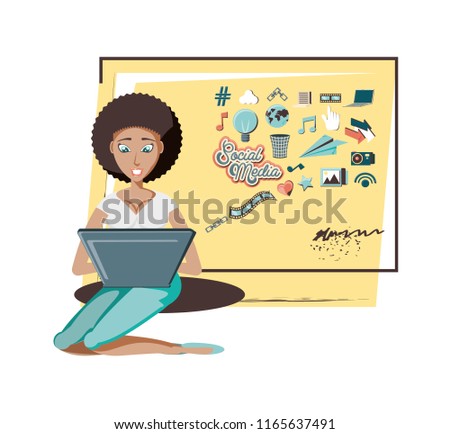 woman with laptop social media icons icon vector ilustration