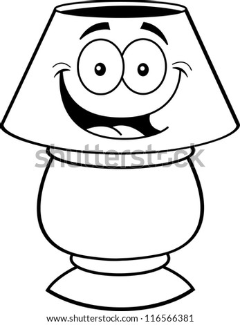 Black and white illustration of a smiling table lamp