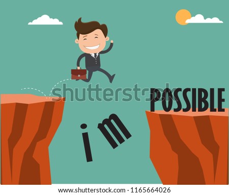 Businessman jumping over cliff and breaking the impossible into possible. Vector illustration.