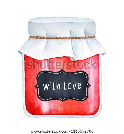 Red berry jam jar with vintage black chalk board note and warm text inscription "With Love". Positive, sweet message. Hand drawn watercolour illustration on white background, cutout clip art element.