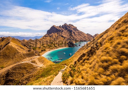  Aerial view of Padar Island in Komodo National Park in Indonesia. View from the Top of the Viewpoint.