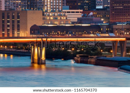 Illuminated bridge in St. Paul. St. Paul, Minnesota, USA.