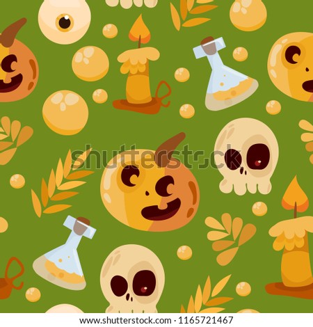 vector cartoon seamless pattern. Set of Halloween characters. cheerful pumpkin, jack, skull, candle, harvest.