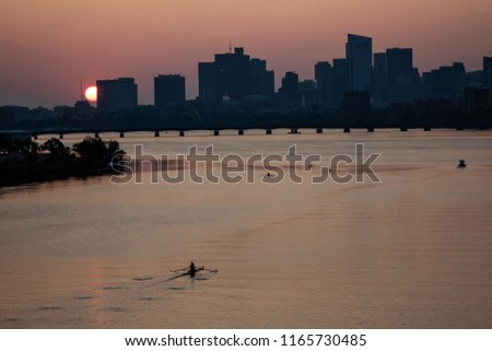 Boston Sunrise from BU Bridge. Charles River Rowing, Boston, MA.