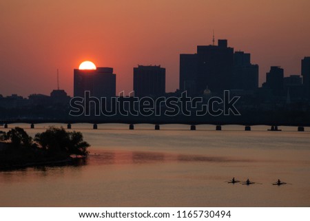 Boston Sunrise from BU Bridge. Charles River Rowing, Boston, MA.