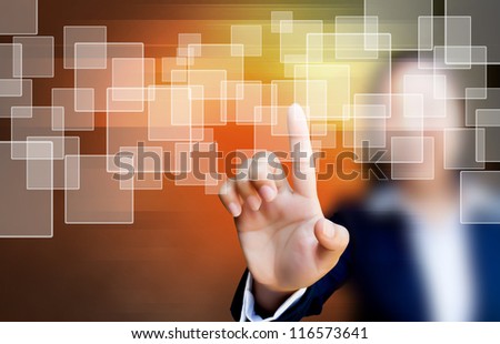 hand of business women pushing a button on a touch screen interface