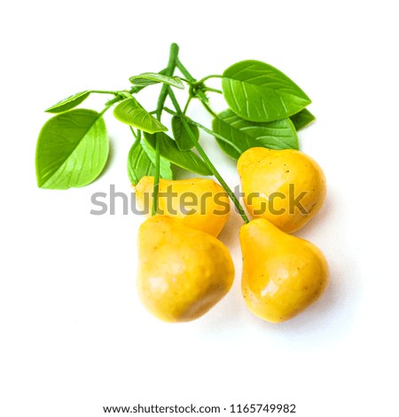 Composition of artificial plastic fruits isolated on white background