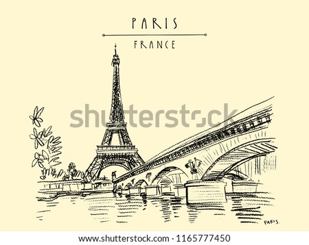 Eiffel Tower in Paris, France. Bridge and water. Hand drawing in retro style. Travel sketch. Vintage hand drawn touristic postcard, poster or book illustration in vector