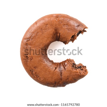 chocolate covered doughnut with a bite on white background Royalty-Free Stock Photo #1165792780