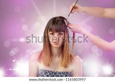 Young woman portrait with shiny pink beauty salon concept and personal styler hand