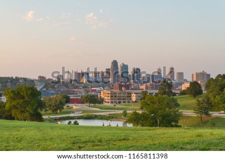 View of the skyline of Kansas City from a high-angle view.  