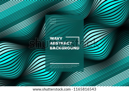 Curve Lines Background. Vector Abstraction with Turquoise Distorted Stripes. Flow of Waves. Movement of 3d Striped Texture. Trendy Wave Template. Curve Lines Background for Design, Covers, Brochure.