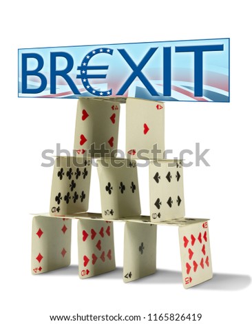 BREXIT sign with Great Britain flag background on shaky house of cards representing a fragile British economy, dangers and pitfalls of getting out of the European Union & Economic and Monetary Union.