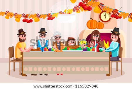 Happy family with all generations gathering at table and celebrating Thanksgiving day in cartoon style