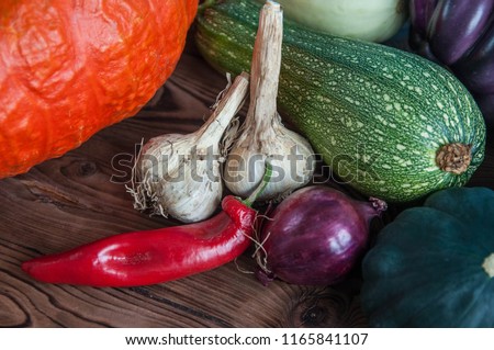 Autumn harvest of fruits and vegetables: pumpkin, eggplant, patisson, pepper, onion, garlic