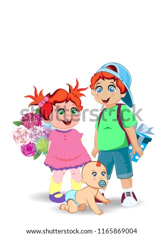 Holiday celebration clip art of boy, girl and baby avatars for happy birthday, back to school, teachers day, grandparents day. Cartoon vector illustration of cute little kids with flowers and present