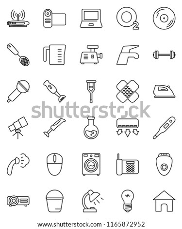 thin line vector icon set - water tap vector, bucket, iron, steaming, washer, measuring cup, skimmer, blender, telescope, table lamp, notebook pc, flask, barbell, oxygen, disk, microphone, crutches