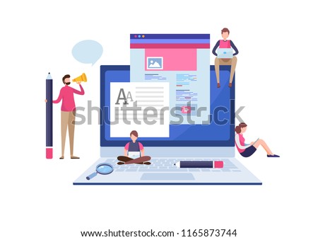 Blogging, Blogger. Freelance. Creative writing. Copy writer. Content management. Flat cartoon miniature  illustration vector graphic on white background. Royalty-Free Stock Photo #1165873744