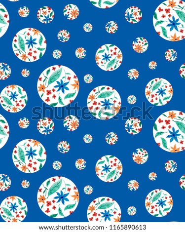 Seamless Endless Hand Drawn Watercolor Flowers Florals Circles Dots Geometric Colorful Pattern Isolated Blue Background
