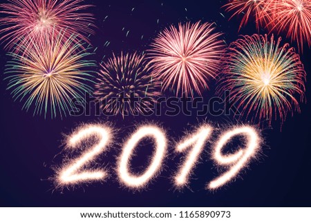 Happy new year 2019 written with Sparkle firework with firework background