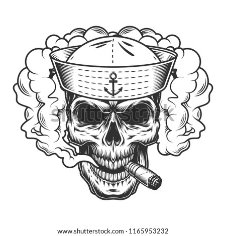 Skull in smoke cloud and sailor hat. Vector illustration