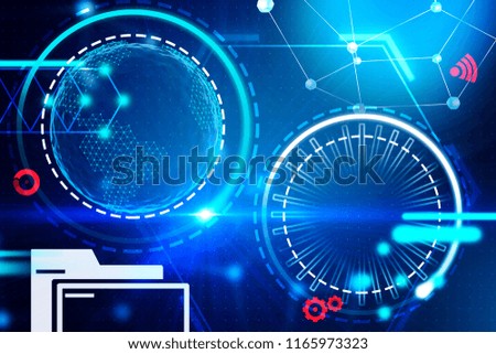 Futuristic glowing icons. Abstract HUD and infograph. Bright blue flare Toned image double exposure mock up Elements of this image furnished by NASA