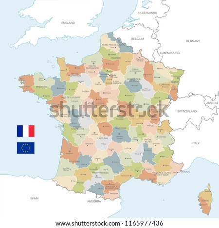 Vector Map of France with Administrative borders, City and Region Names and international bordering countries in soft colors palette