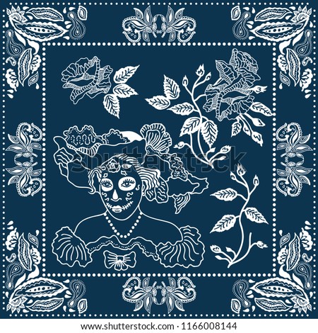 Day of the Dead bandana. Blue and white scarf with flourish frame, roses and Canrina. Design inspired by Mexican art.