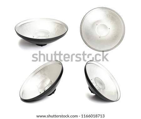 Beauty dish photo equipment on white background. Set of different views.