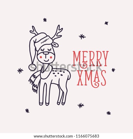 Merry Christamas greeting card with deer. Hand drawn doodle art cute reindeer drawing. Xmas related print. Vector vintage illustration. Royalty-Free Stock Photo #1166075683