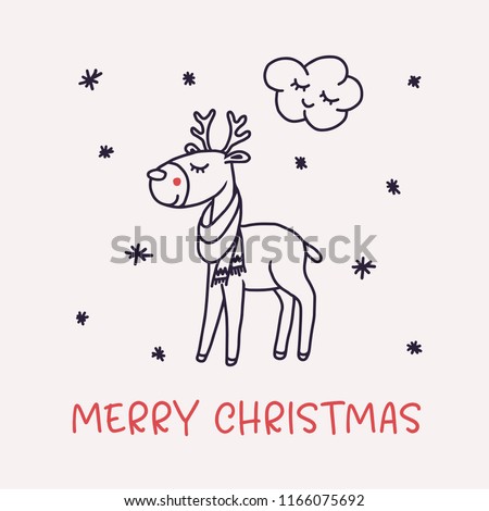 Merry Christamas greeting card with deer. Hand drawn doodle art cute reindeer drawing. Xmas related print. Vector vintage illustration. Royalty-Free Stock Photo #1166075692