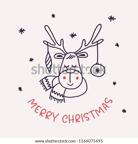 Merry Christamas greeting card with deer. Hand drawn doodle art cute reindeer drawing. Xmas related print. Vector vintage illustration. Royalty-Free Stock Photo #1166075695