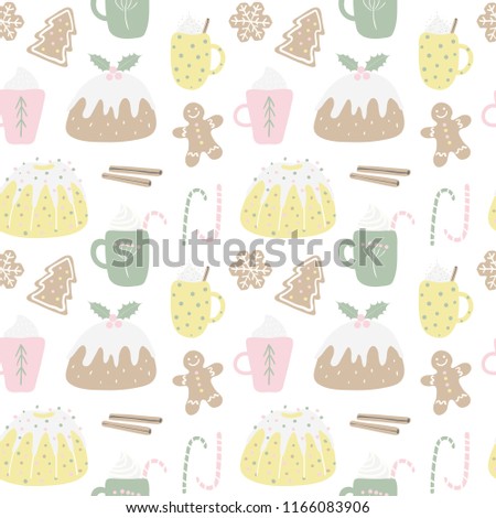 Seamless repeat pattern with different Christmas sweets, on a white background. Hand drawn vector illustration. Flat style design. Concept for Christmas textile print, wallpaper, wrapping paper.