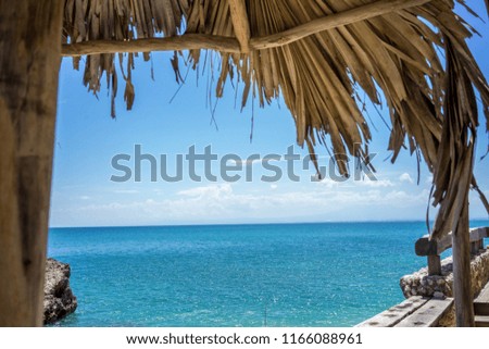 ocean view with palm roof on beach