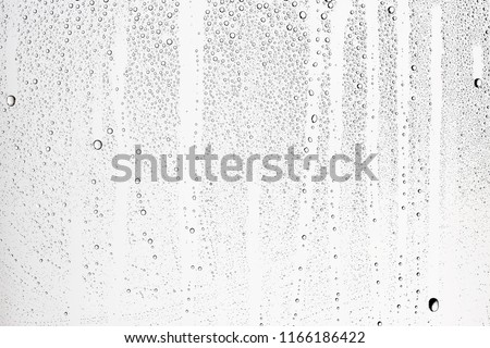 white isolated background water drops on the glass / wet window glass with splashes and drops of water and lime, texture autumn background Royalty-Free Stock Photo #1166186422