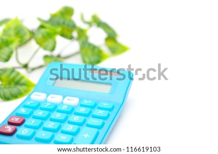 Calculator with leaf isolated on white background