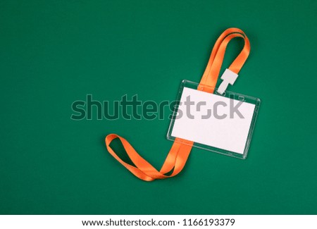 White empty staff identity mockup with orange lanyard. Name tag, ID card