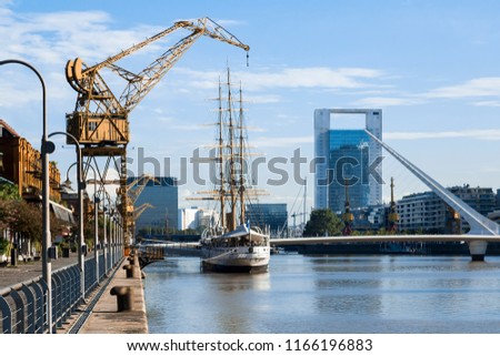 View of port and district Puerto Madero on shore of bay, Buenos Aires. Argentina, South America