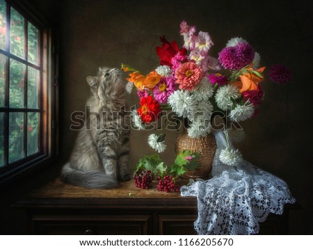 Still life with beautiful bouquet  of autumn flowers and adorable cat