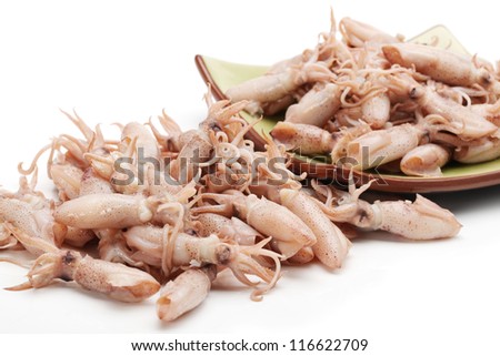 Small Freshly Steamed Squids On White background
