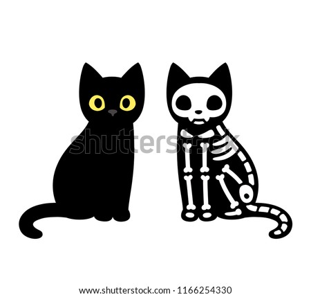 Cartoon black cat drawing with skeleton, cute Schrodinger's cat illustration. Funny Halloween clip art design. Royalty-Free Stock Photo #1166254330