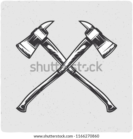 Two firefighter's axes. Black and white illustration. Isolated on light backgrond with grunge noise and frame. Royalty-Free Stock Photo #1166270860