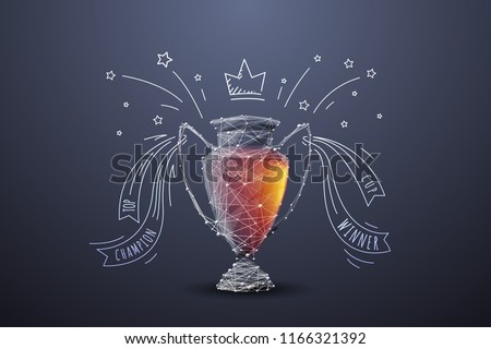 Vector isolated colorful football cup. Low poly wireframe and points. Polygonal 3D white attraction concept on dark background. Geometry triangle. Abstract sports mash line origami Royalty-Free Stock Photo #1166321392