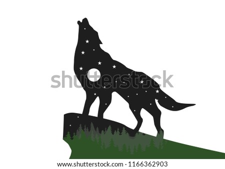 Vector illustration in a flat style. The wolf howls to the moon from the rock. Trees, sky and moon.